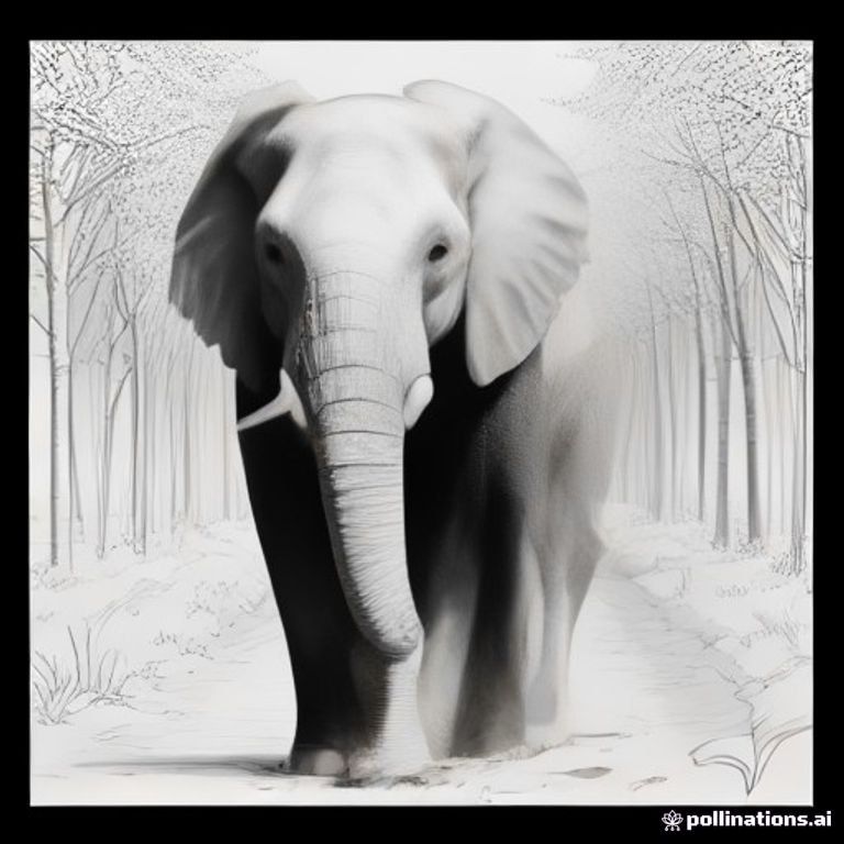 Black outlines on white. An elephant strolls along a forest path lined with tall pine trees. Clean lines define tree bark, fallen leaves, and soft sunlight rays filtering through branches.