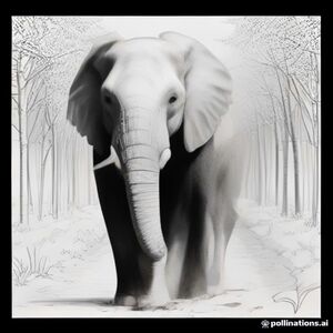 Black outlines on white. An elephant strolls along a forest path lined with tall pine trees. Clean lines define tree bark, fallen leaves, and soft sunlight rays filtering through branches.