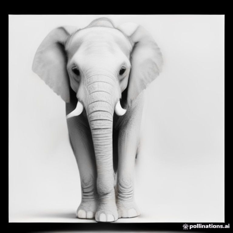 Cute baby elephant standing with its trunk raised, large ears, short tail, happy smiling face, simple rounded body.