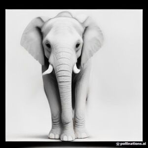 Cute baby elephant standing with its trunk raised, large ears, short tail, happy smiling face, simple rounded body.