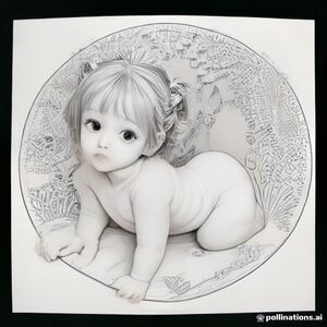 Kids coloring page, cute 3D-cartoon jungle scene: a baby girl "Lolo" with short hair and a knit hat with a pompom peeking from behind, a lion cub with a fluffy mane, a small monkey, a white kitten, a puppy with floppy ears, a baby elephant, a spotted cow, and a duckling, all standing together and waving. A small snake curls near the kitten's feet. Background of tall jungle tree trunks, twisting vines, big banana leaves and grass. Thick clean black outlines, white background, no color, no shading, no gray fill.
