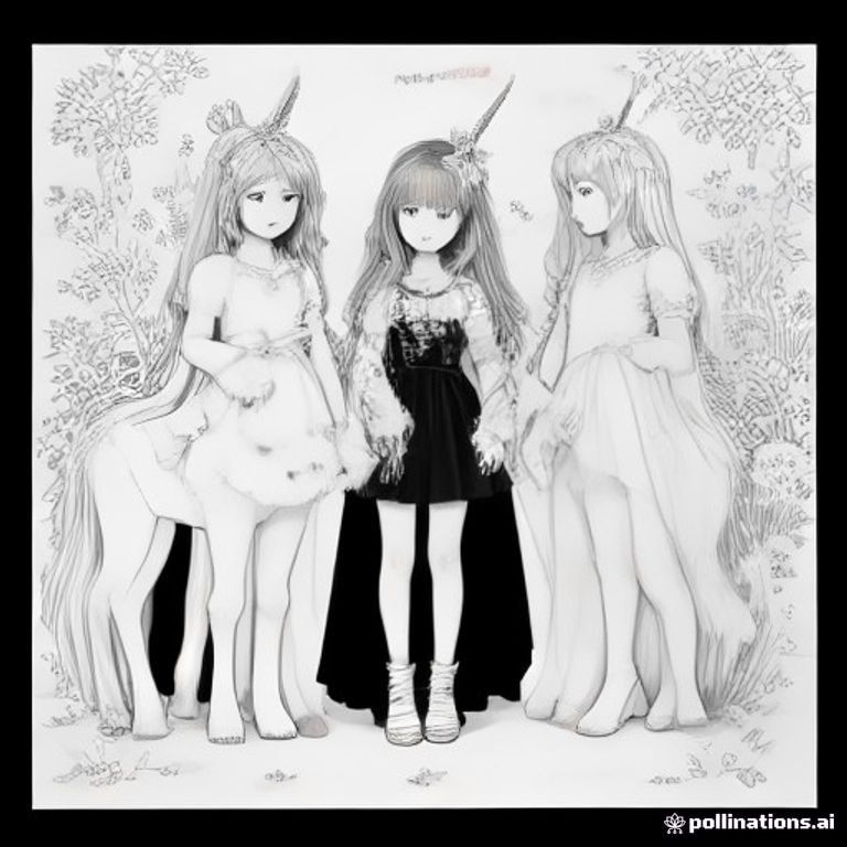 Three adorable unicorn friends standing together in a magical meadow surrounded by flowers, butterflies, hearts, clouds, and stars, children's coloring book page, consistent cute cartoon style, black and white clean line art, thick smooth outlines, simple shapes, large open spaces, white background, no color, no gray, no shading, no gradients, no text.