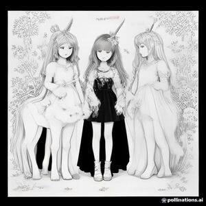 Three adorable unicorn friends standing together in a magical meadow surrounded by flowers, butterflies, hearts, clouds, and stars, children's coloring book page, consistent cute cartoon style, black and white clean line art, thick smooth outlines, simple shapes, large open spaces, white background, no color, no gray, no shading, no gradients, no text.