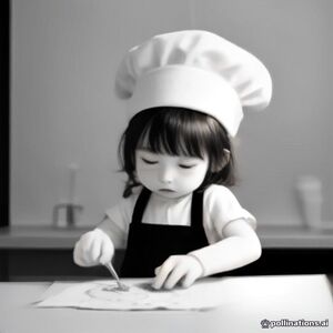 Cute adorable cartoon cat making pancakes in a cozy kitchen, wearing a tiny chef hat, flipping a pancake in a frying pan, expressive happy face, funny human-like pose, professional children's coloring book illustration, clean thick black outlines, smooth crisp line art, moderate detail, large open areas for coloring, interesting kitchen background, pure black and white line art, white background, no color, no gray, no shading, no gradients, no text, no letters, no numbers, no watermark, no logo, no border, portrait 8.5x11 composition, full page, printable coloring book artwork