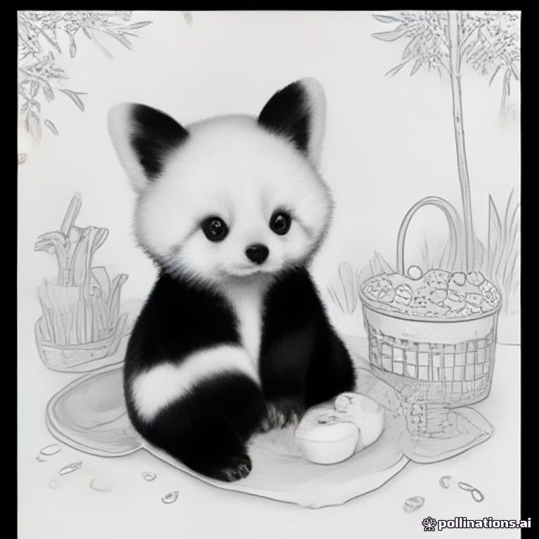 A cute original baby red panda character having a picnic in a magical forest, clean black-and-white coloring-book line art, thick smooth outlines, large areas for coloring, simple background, no shading, no gray tones, no text, printable coloring page, 8.5 x 11 portrait composition.