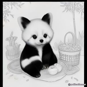 A cute original baby red panda character having a picnic in a magical forest, clean black-and-white coloring-book line art, thick smooth outlines, large areas for coloring, simple background, no shading, no gray tones, no text, printable coloring page, 8.5 x 11 portrait composition.