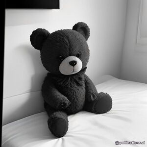 Cute teddy bear sitting on a cozy bed in a charming children’s bedroom, hugging a heart-shaped pillow, surrounded by toys, books, a rocking horse, toy basket, small bookshelf, window with trees outside, bedside table and lamp, stars and hearts decorations, kawaii children’s coloring book style, clean bold black outlines, white background, no colors, no shading, no text, simple shapes, lots of areas to color.