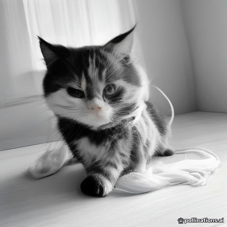 A cute kitten playing with a large ball of yarn in a cozy living room, surrounded by potted plants, cushions, books and scattered toys. Create a full-page children's coloring book illustration in clean black outlines, with thick smooth lines, large enclosed spaces, no shading or gray, and a white background. The scene must fill almost the entire vertical A4 page, with objects extending close to all four edges and minimal white margins.