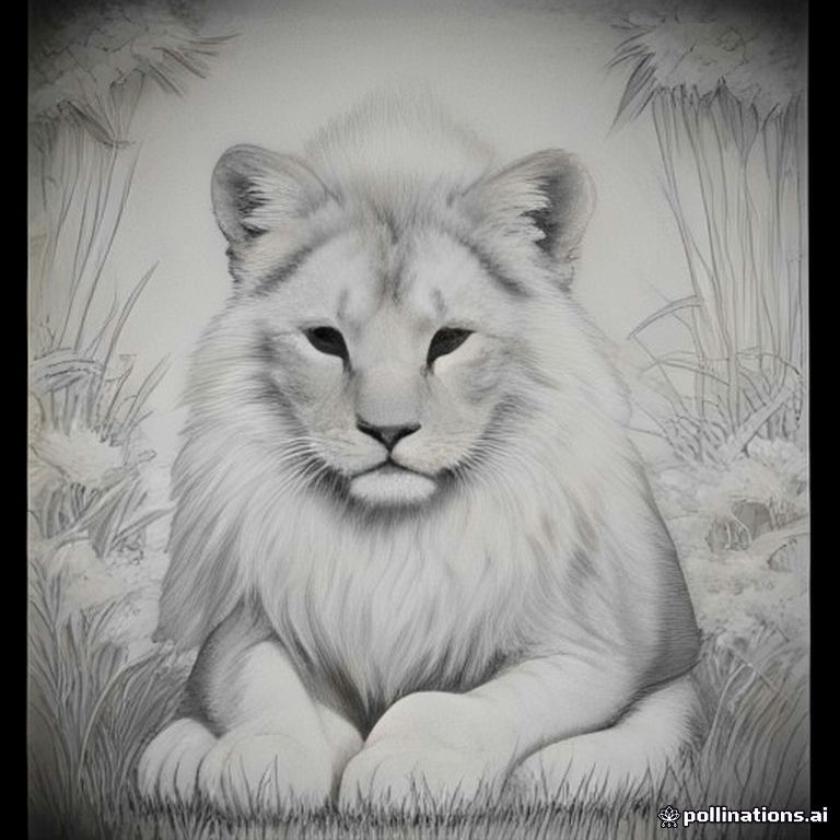 A cute baby lion sitting proudly with a fluffy mane, grass and flowers around it with reference picture