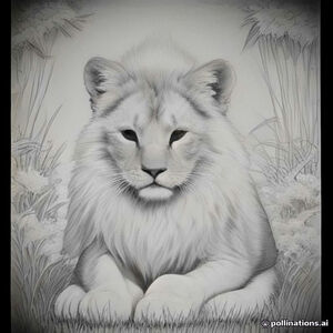 A cute baby lion sitting proudly with a fluffy mane, grass and flowers around it with reference picture