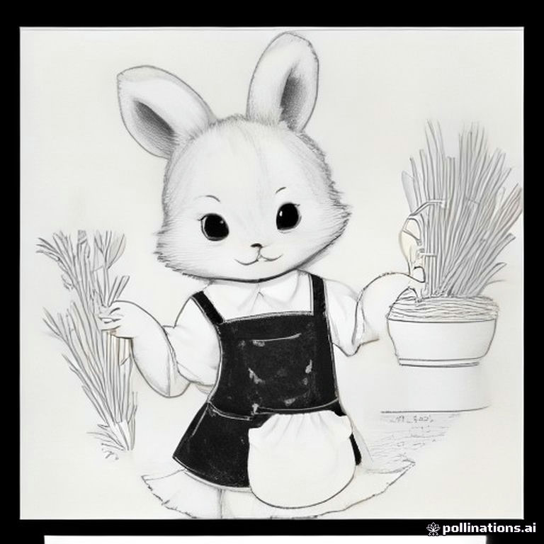 A charming little rabbit wearing a vintage apron, planting carrots and watering flowers in a beautiful English cottage garden. Flower pots, gardening tools, butterflies, watering cans and a wooden fence, intricate cozy details.