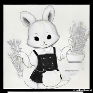 A charming little rabbit wearing a vintage apron, planting carrots and watering flowers in a beautiful English cottage garden. Flower pots, gardening tools, butterflies, watering cans and a wooden fence, intricate cozy details.