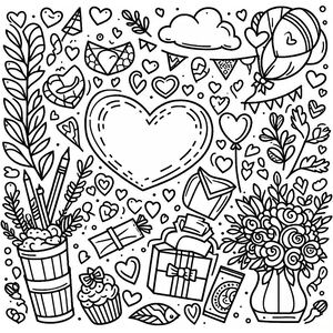 A black and white drawing of a heart surrounded by flowers