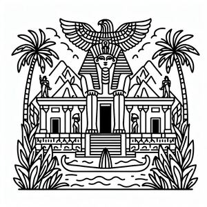 A black and white drawing of an egyptian temple