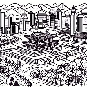 A black and white drawing of a city 3