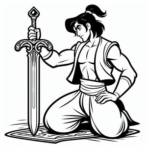 A man kneeling down with a sword in his hand