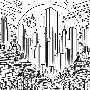 A black and white drawing of a cityscape