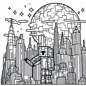 A black and white drawing of a man standing in front of a city 4