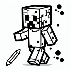 A black and white image of a minecraft character