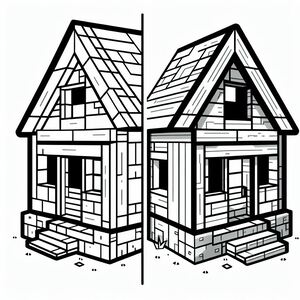 A drawing of two small houses with windows