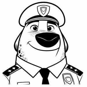 A black and white drawing of a dog in a police uniform