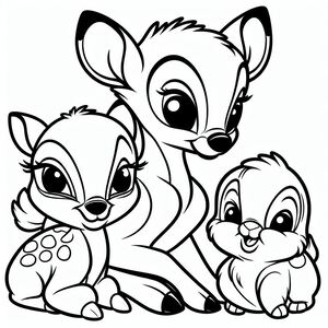 A coloring page of a baby deer and her mother