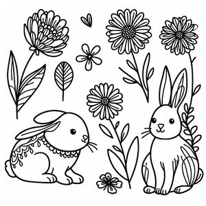A black and white drawing of rabbits and flowers