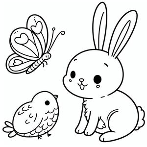 A bunny and a bird sitting next to each other