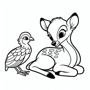 A deer and a bird sitting next to each other