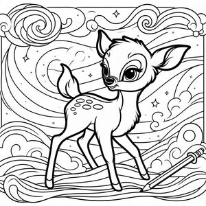 A coloring page with a deer and clouds