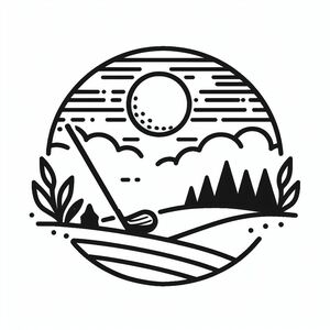 A black and white drawing of a golf ball and tee