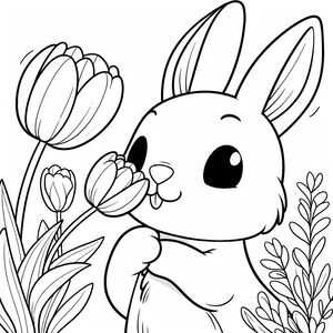 A cartoon bunny with a flower in its mouth