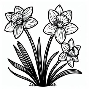 A black and white drawing of daffodils