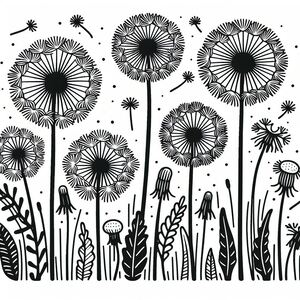 A black and white drawing of dandelions 2