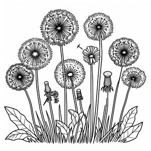 A black and white drawing of dandelions 4