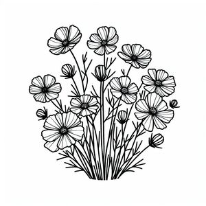 A black and white drawing of a bunch of flowers