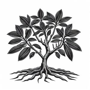 A black and white drawing of a tree with roots