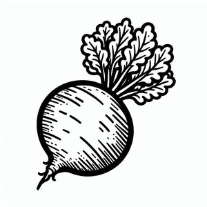 A black and white drawing of a radish