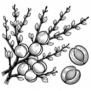 A black and white drawing of a branch with fruit
