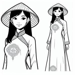 2 Vietnamese girls wearing ao dai and leaf hats
