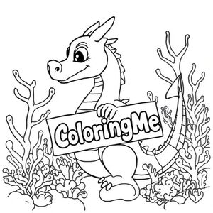 Một cái nhìn hồ sơ của một con rồng thân thiện, cầm một tấm biển với "ColoringMe" được viết bằng chữ bong bóng trắng, trong hồ sơ, trong một vương quốc rạn san hô dưới nước, phong cách siêu thực