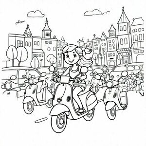 A young lass ride a scooter in a town crowed with car and other scooters