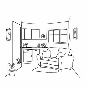 corner house with sofa kitchen