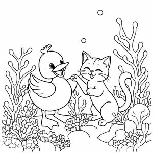 Two playful DUCK and CAT joyfully playing and interacting with each other in a colorful, lively underwater coral reef kingdom setting, with a surreal and imaginative style, 4K resolution, hyper-realistic

