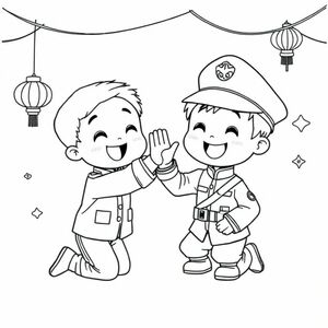 "A chibi Vietnamese soldier kneeling down to high-five a happy child, both of them smiling brightly, with festive decorations and a simple background for children to color. Chibi style."