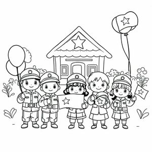 "Những người lính và trẻ em Chibi đứng cùng nhau trước một ngôi làng nhỏ, cầm bóng bay và vẫy cờ Việt Nam. Mọi người đều có đôi mắt to, biểu cảm và khuôn mặt tròn dễ thương. Phong cách Chibi."
