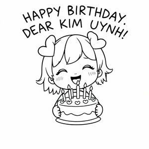 Chibi, cute, a little young girl with two heart-shaped headbands, holding a birthday cake, the text "HAPPY BIRTHDAY, DEAR KIM QUYNH!"