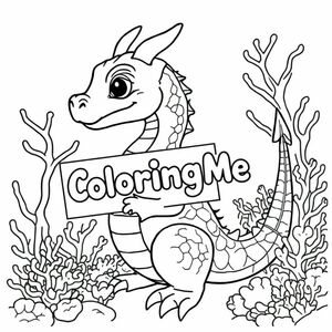 Một cái nhìn hồ sơ của một con rồng thân thiện, cầm một tấm biển với "ColoringMe" được viết bằng chữ bong bóng trắng, trong hồ sơ, trong một vương quốc rạn san hô dưới nước, phong cách siêu thực rất đẹp và thực tế