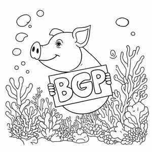 A profile view of a friendly pig, holding a sign with "BGP" written in white bubble letters, in profile, in a underwater coral reef kingdom, surrealist style