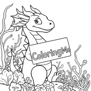 A profile view of a friendly dragon, holding a sign with "ColoringMe" written in white bubble letters, in profile, in a underwater coral reef kingdom, surrealist style